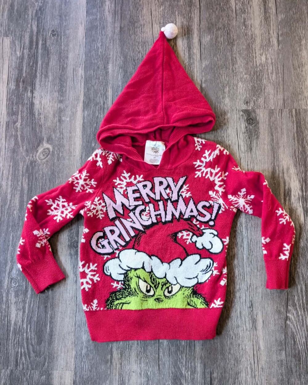 Merry Grinchmas Toddler 2T Red Hooded Christmas Sweater Holiday Grinch